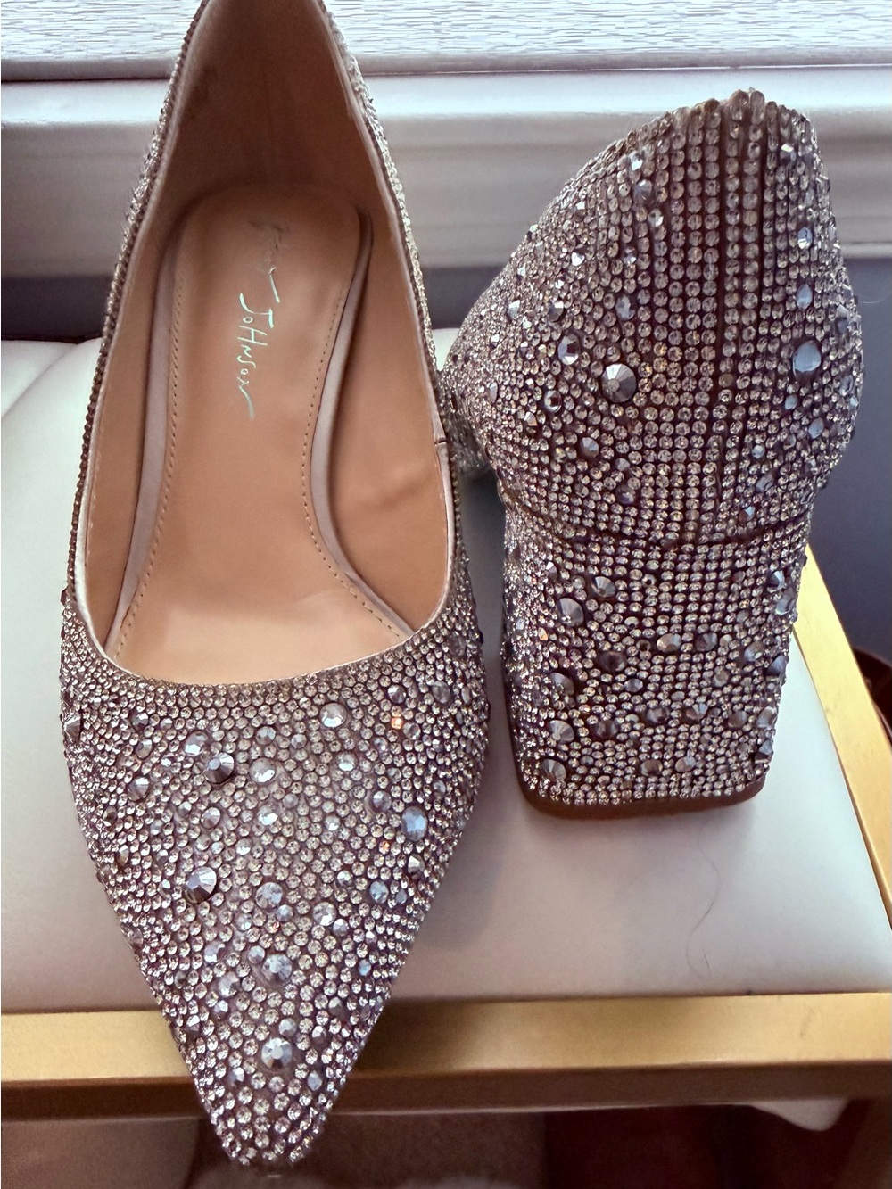 Betsey Johnson Champagne Crystal Embellished Block Heel Pumps